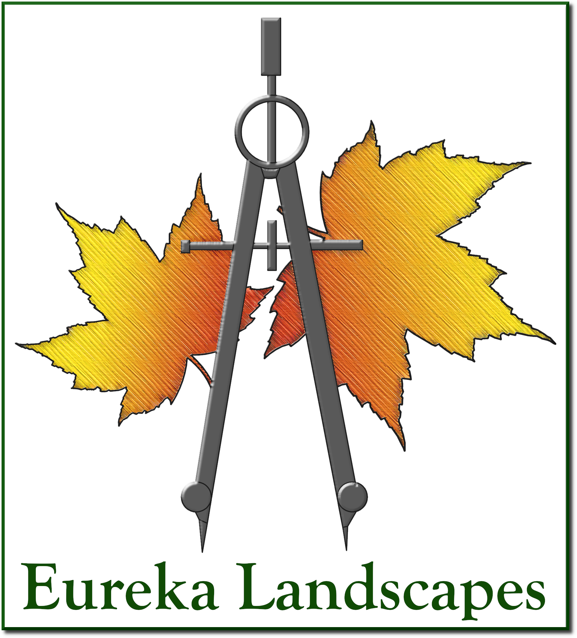 Eureka Landscapes logo with a drafting compass and two maple leaves